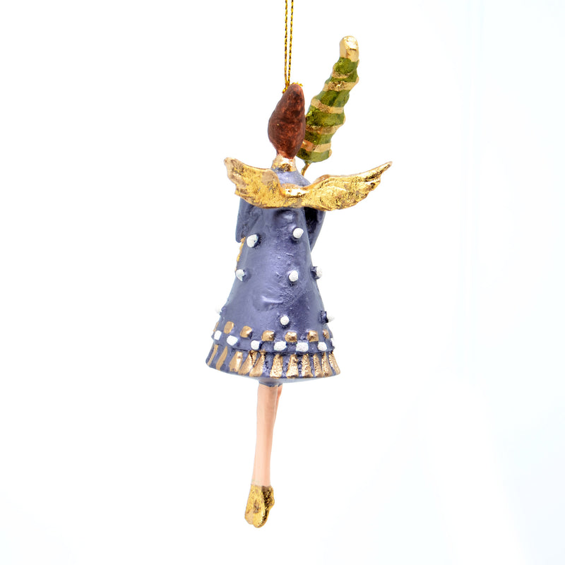 Christbaumschmuck Engel in einem dunkelblau-goldenen Kleid Weihnachten Ornament Anhänger mit Bäumchen 16cm hoch