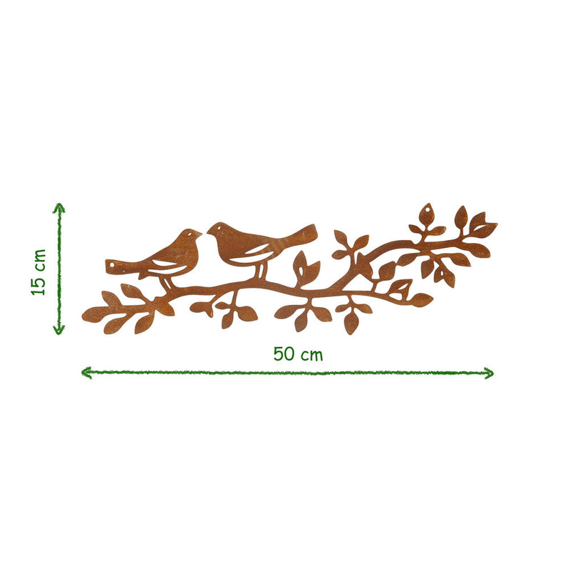 Gartendeko Wanddekoration Ast Zweig mit 2 Vögeln Metall Rost Garten Edelrost Landhaus Deko 50cm x 15cm
