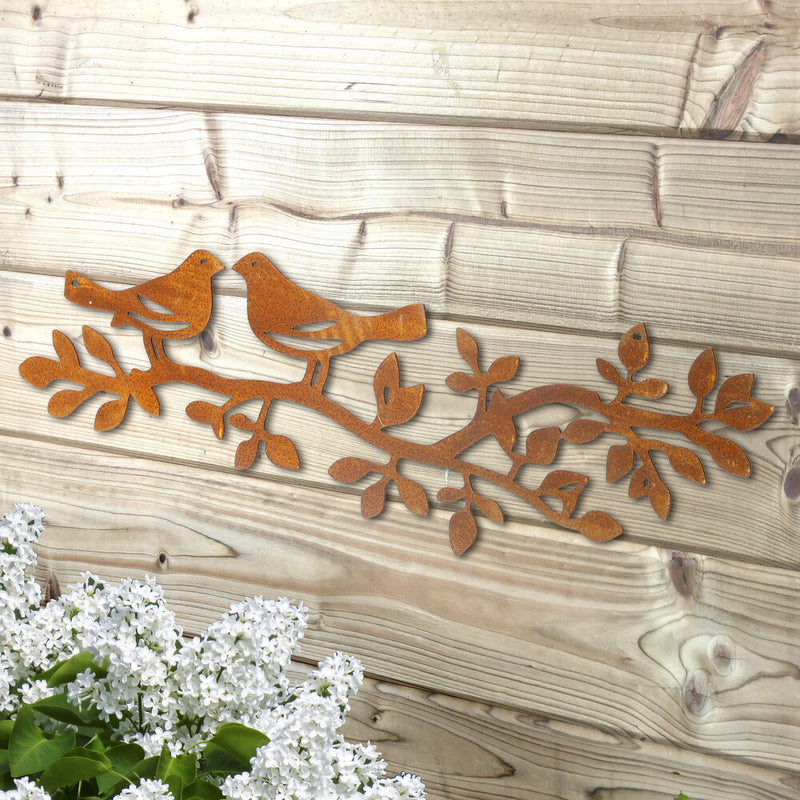 Gartendeko Wanddekoration Ast Zweig mit 2 Vögeln Metall Rost Garten verrostet Landhaus Deko 50cm x 15cm