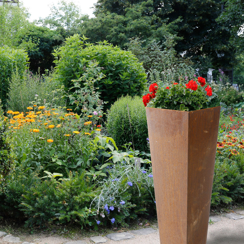 Pflanzgefäß Säule groß Kübel quadratisch konisch Schale Metall Rost 100cm hoch