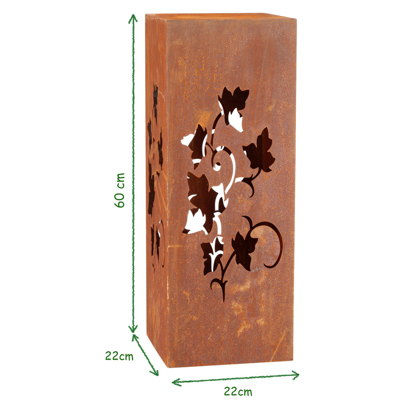 1 Stück Gartendeko Lichtobjekt Efeu Ranken zum Stellen Säule Kübel Metall Rost Deko 22,5x22,5x60 cm