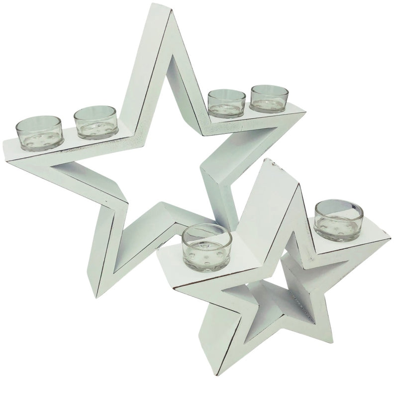 Weihnachtsdeko Vintage Kerzenhalter Stern 2-teilig weiß inkl. 6 Teelichthalter