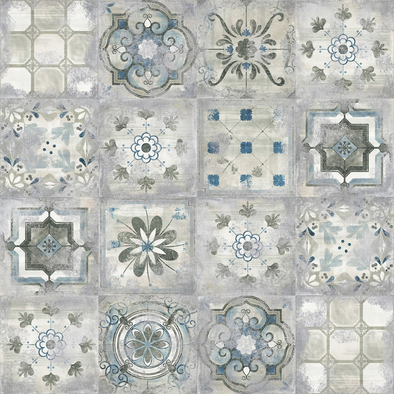 Wachstuchtischdecke "Vintage tiles" 1,4m Br. Kacheln blau grau verwischt glatt Fliesen Meterware