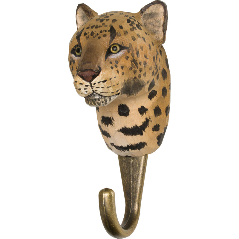 KLEIDERHAKEN LEOPARD Garderobe Wandhaken massiv Landhaus Vintage handgeschnitzt und handbemalt Holz und Metall-Haken 11cm hoch