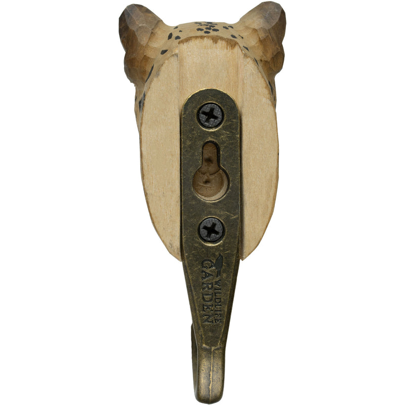 KLEIDERHAKEN LEOPARD Garderobe Wandhaken massiv Landhaus Vintage handgeschnitzt und handbemalt Holz und Metall-Haken 11cm hoch