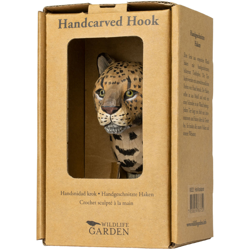 KLEIDERHAKEN LEOPARD Garderobe Wandhaken massiv Landhaus Vintage handgeschnitzt und handbemalt Holz und Metall-Haken 11cm hoch