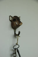 KLEIDERHAKEN WILDSCHWEIN Garderobe Wandhaken massiv Landhaus Vintage handgeschnitzt und handbemalt Holz und Metall-Haken 11cm hoch