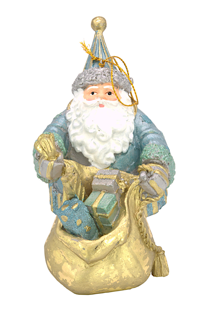 Christbaumschmuck Figur Weihnachtsmann dick mit Geschenken hellblau 15cm