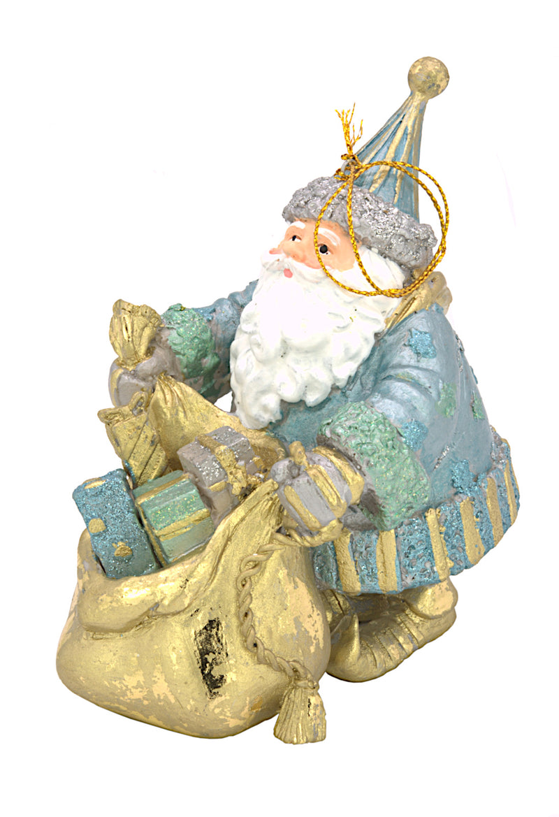 Christbaumschmuck Weihnachtsmann dick mit Geschenkesack hellblau gold 15cm