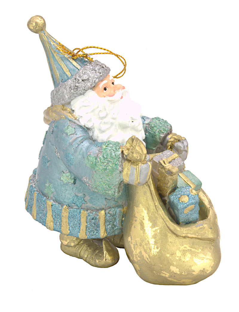 Christbaumschmuck Weihnachtsmann dick mit Geschenkesack hellblau gold 15cm