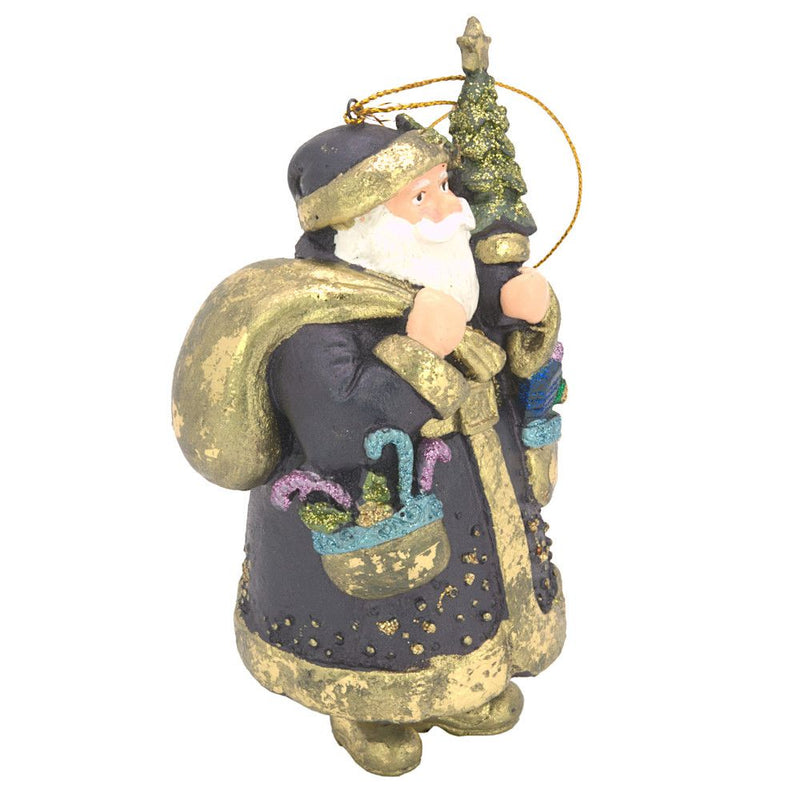 Christbaumschmuck Figur Weihnachtsmann dick mit Geschenken dunkelblau 15cm