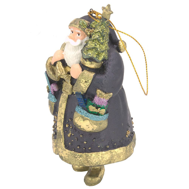 Christbaumschmuck Figur Weihnachtsmann dick mit Geschenken dunkelblau lila gold 15cm