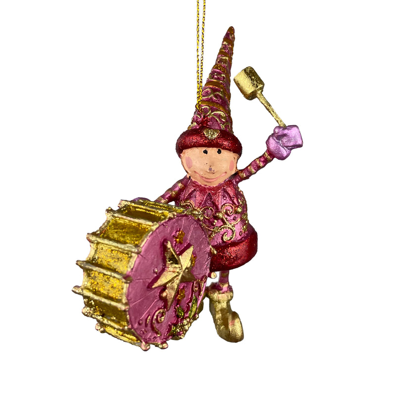 Kleiner Weihnachtsmann Elf Gabenträger Weihnachten Deko Hänger Christbaumschmuck 11 cm pink-Gold mit Pauke