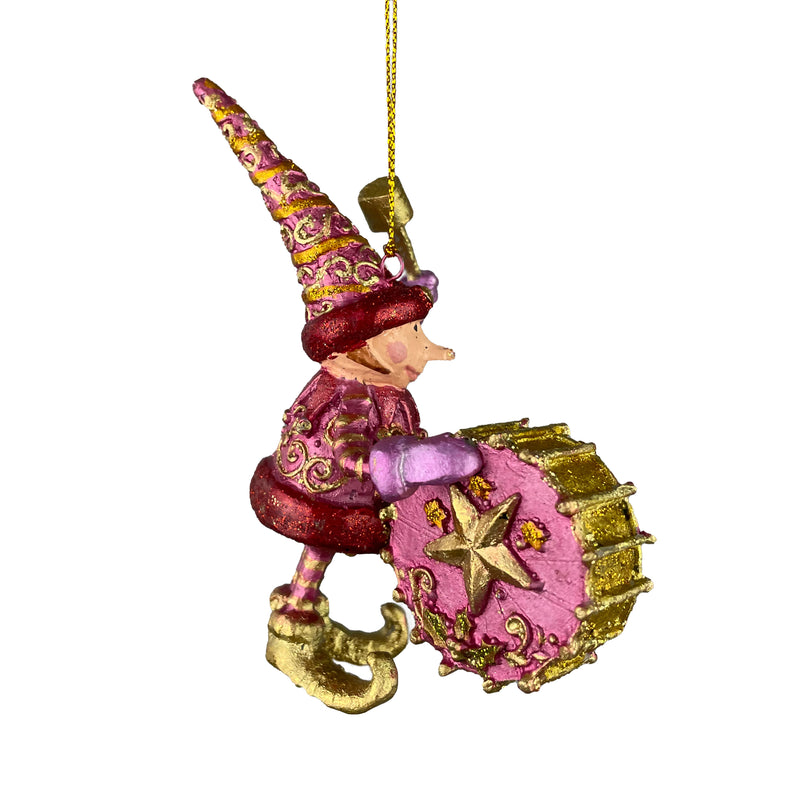 Kleiner Weihnachtsmann Elf Gabenträger Weihnachten Deko Hänger Christbaumschmuck 11 cm pink-Gold mit Pauke