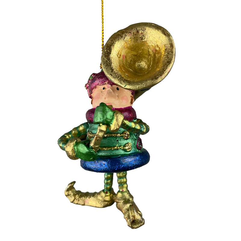 Kleiner Weihnachtsmann Elf Gabenträger Weihnachten Deko Hänger Christbaumschmuck 10,5 cm grün-Gold mit Tuba