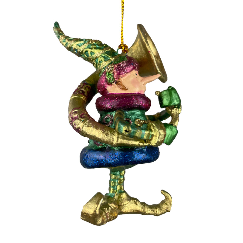 Kleiner Weihnachtsmann Elf Gabenträger Weihnachten Deko Hänger Christbaumschmuck 10,5 cm grün-Gold mit Tuba