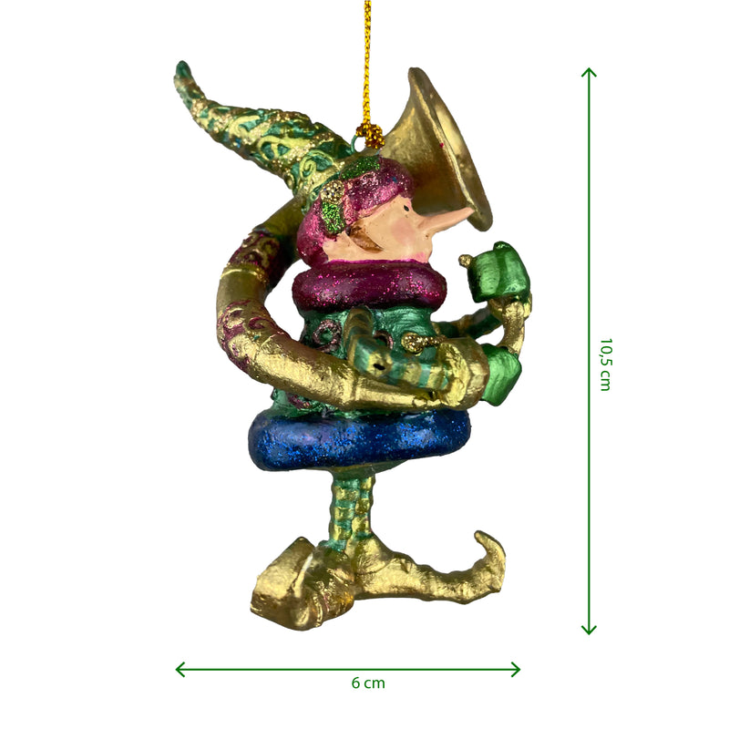 Kleiner Weihnachtsmann Elf Gabenträger Weihnachten Deko Hänger Christbaumschmuck 10,5 cm grün-Gold mit Tuba