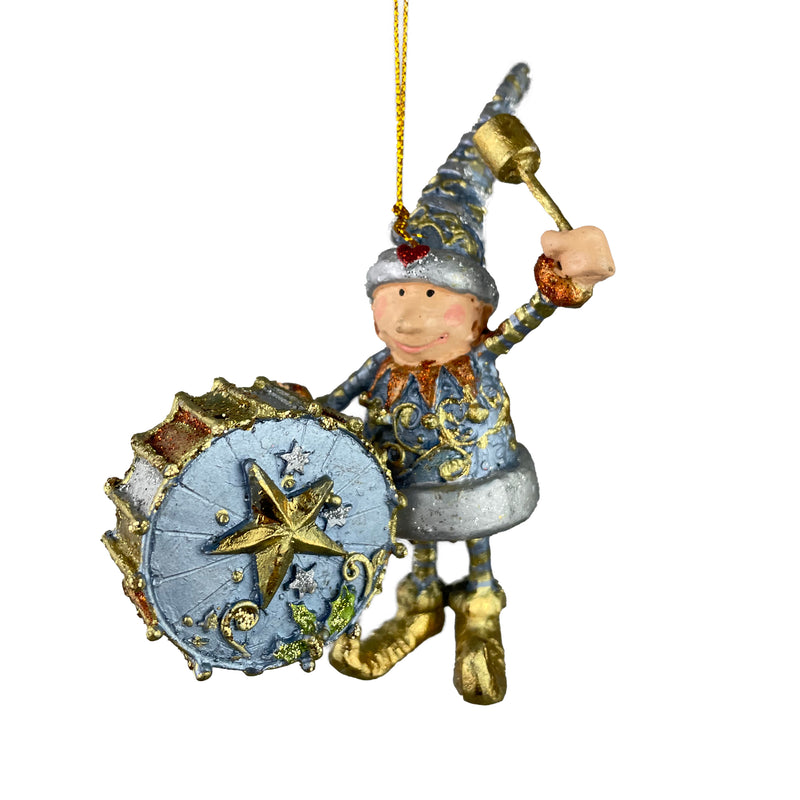 Kleiner Weihnachtsmann Elf Gabenträger Weihnachten Deko Hänger Christbaumschmuck 11 cm blau-Gold mit Pauke