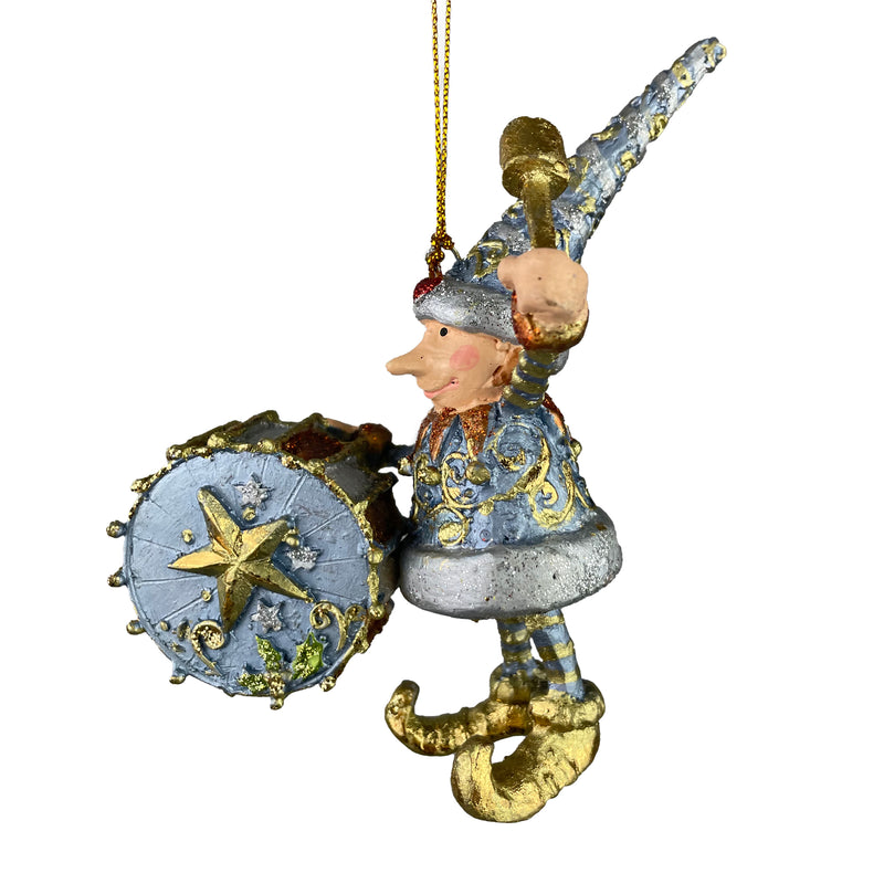 Kleiner Weihnachtsmann Elf Gabenträger Weihnachten Deko Hänger Christbaumschmuck 11 cm blau-Gold mit Pauke