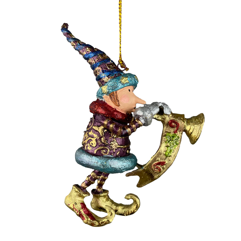 Kleiner Weihnachtsmann Elf Gabenträger Weihnachten Deko Hänger Christbaumschmuck 11,5 cm Lila-türkis-Gold mit Trompete