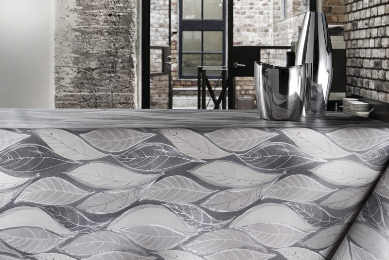 Wachstuchtischdecke PVC Autumn Wave Blätter grau weiß 1,4 Br. Meterware