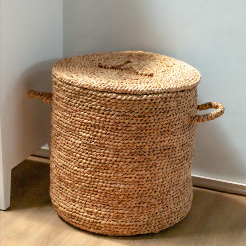 Großer Wäschekorb mit Deckel Ø54 cm AMAN aus Wasserhyazinthe | Gewebter Aufbewahrungskorb | Runder Korb | Großer Korb | Wäschekorb