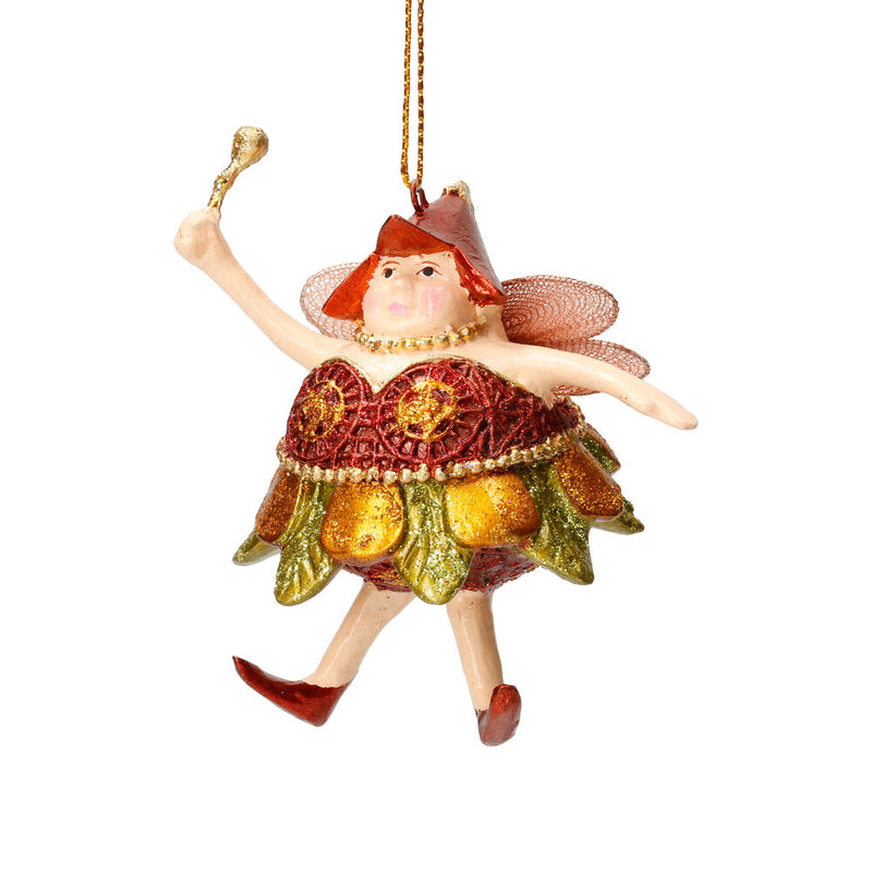 Pummelelfe Baumschmuck Figur Dicke Elfe mini Fee orientrot-gold-grün Hänger Ostern Frühling Weihnachten 8cm