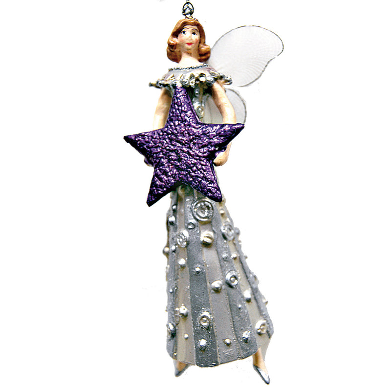 Christbaumschmuck  Engel mit lila Stern und einem silbernen Kleid 16cm hoch Weihnachten Anhänger Ornament