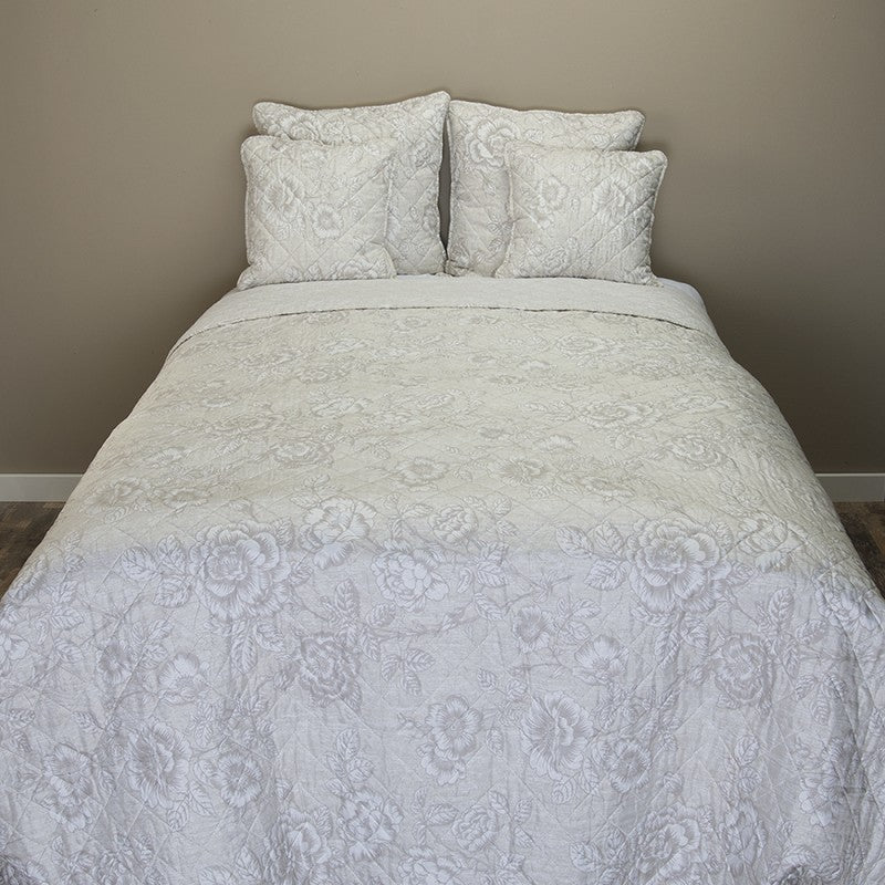 ROSES beige/grau Bettüberwurf 140cm x 220cm gesteppt warm Tagesdecke Sommerdecke Sofaüberwurf Decke Quilt doppelseitig Steppdecke Floralmuster