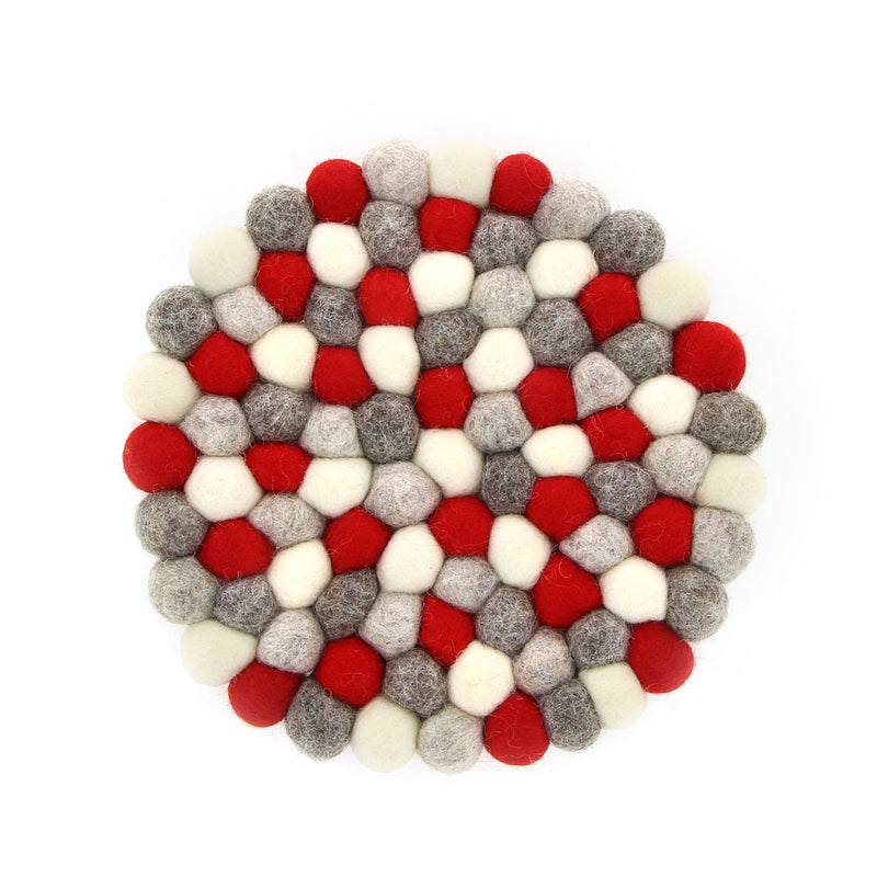 Topfuntersetzer aus Filzkugeln BÄLLE in grau-rot-creme hitzebeständig handgefertigt Fairtrade rund Ø 22 cm x 2,5cm hoch