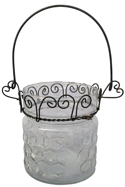 Kerzenhalter Glaswindlicht Hängeglas Garten Laterne Glas Windlicht Waben-Prägung mit Eisengriff H/dia 11/7 cm (Glaskörper)