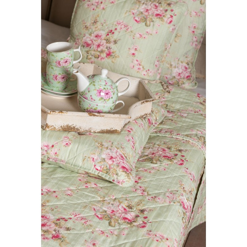 ROSES lichen Bettüberwurf 140cm x 220cm gesteppt warm Tagesdecke Sommerdecke Sofaüberwurf Decke Quilt doppelseitig Steppdecke Floralmuster