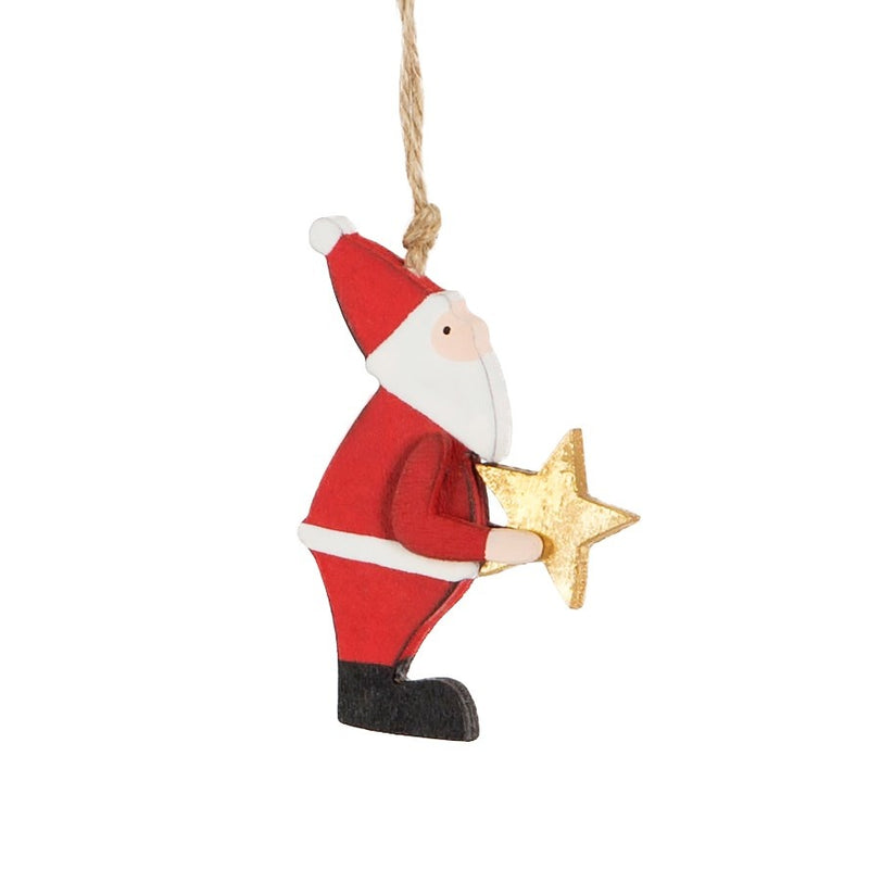 Christbaumschmuck Deko Hänger Weihnachtsmann aus Holz mit goldenem Stern weiß-rot Sperrholz 8cm hoch
