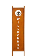 Stele "Willkommen" Gartenschild Eingang Vorgarten Gartenstecker Rost mit Silberkugel Schriftzug Tafel Metallschild 27cm x 116cm