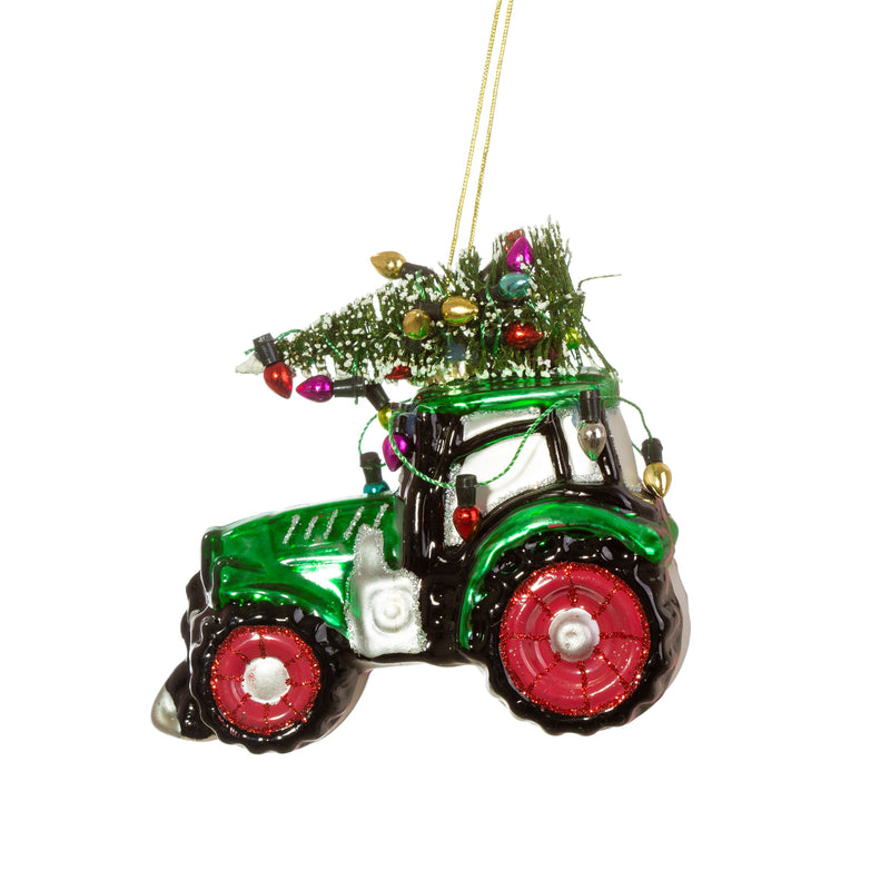 Christbaumschmuck Deko Hänger Glas Traktor mit Tannenbaum grün 9,5cm hoch