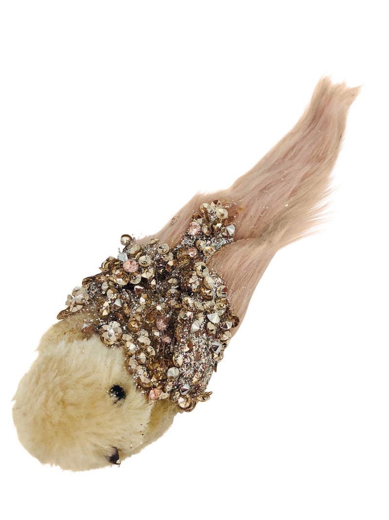 Vogel 16 cm mit Klipp Fellschwanz Plüschvogel Ostern Frühling Weihnachten Christbaumschmuck beige-Gold
